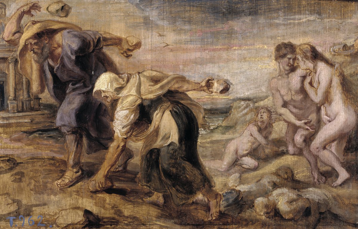 Deucalion et Pyrrha jetant des pierres derrière eux, qui se transforment en hommes et en femmes