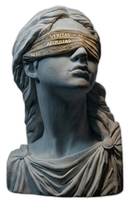 Buste de Thémis, déesse de la justice, aux yeux bandés d'un tissu gravé « Veritas », « Aequitas »